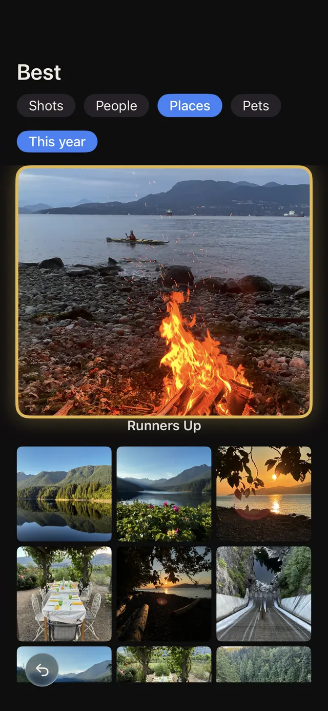 Best, Places category: a campfire beside a lake at dusk, with Runners Up below