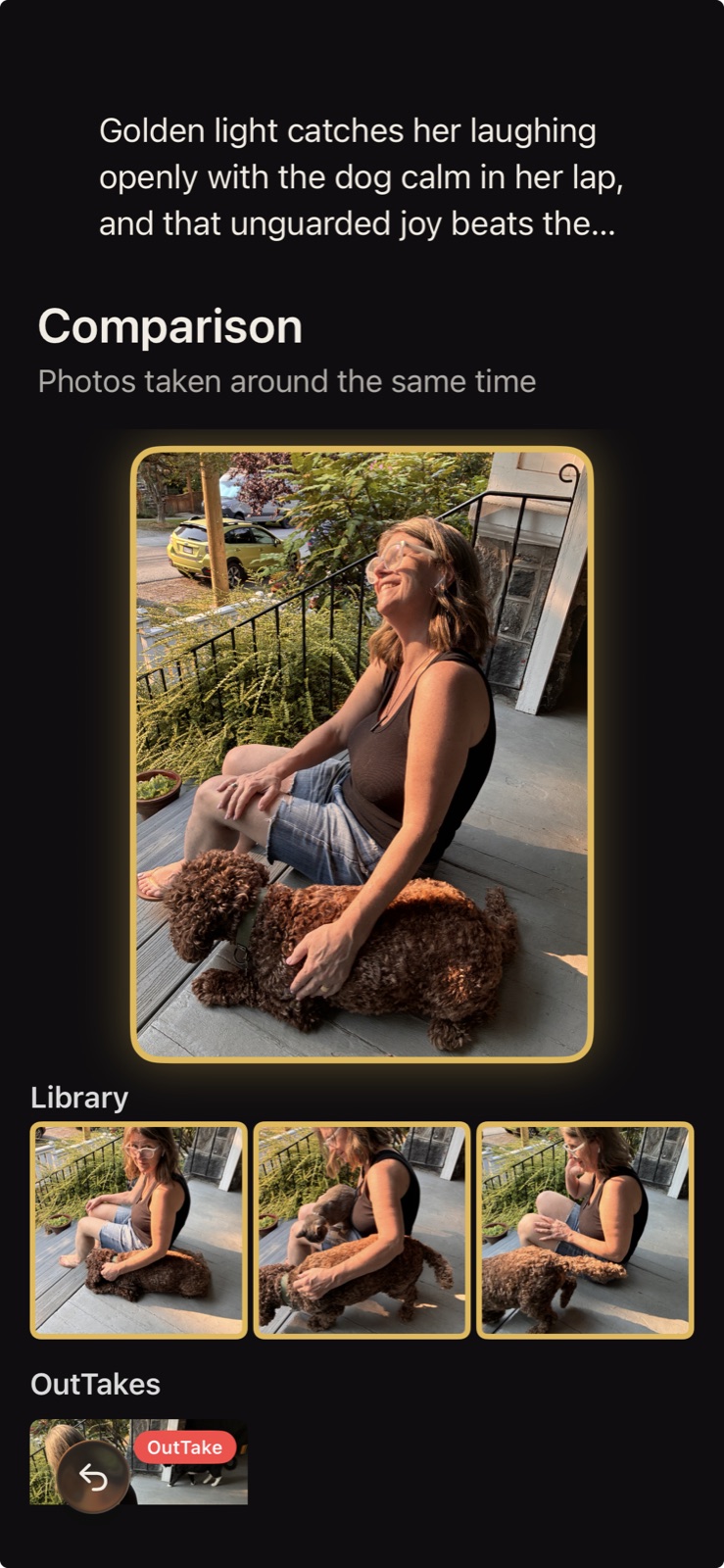 Comparison screen with the chosen photo above three Library alternatives and one OutTake