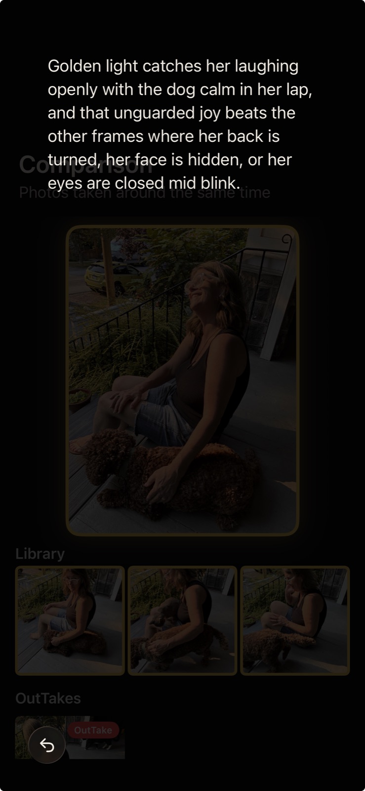 The same comparison with the AI's reason shown above the photo