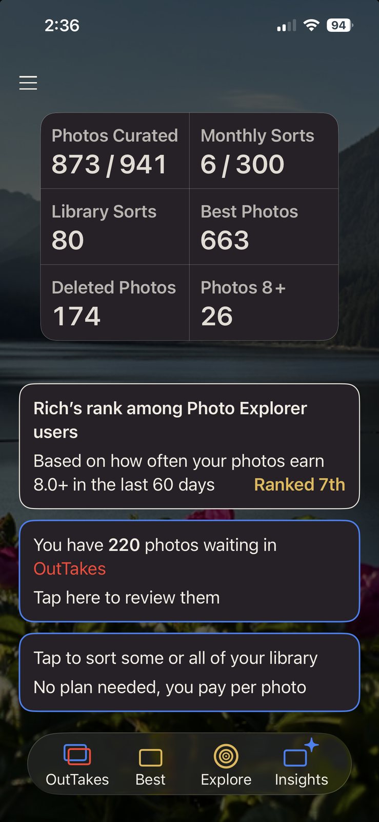 Home screen with library stats, photos waiting in OutTakes, and the tab bar