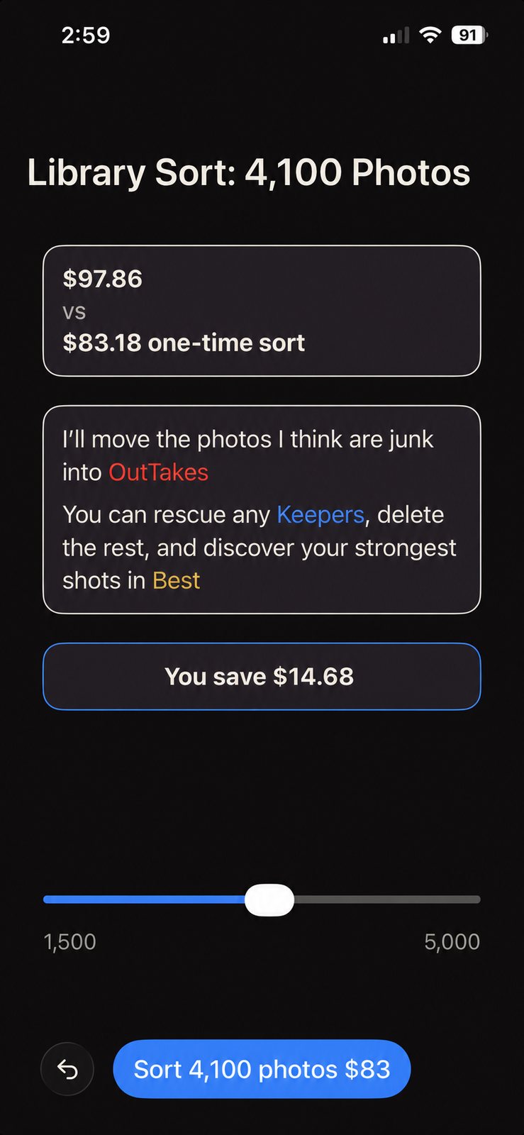 Library Sort screen: choose how many photos to sort with a slider, then tap Sort